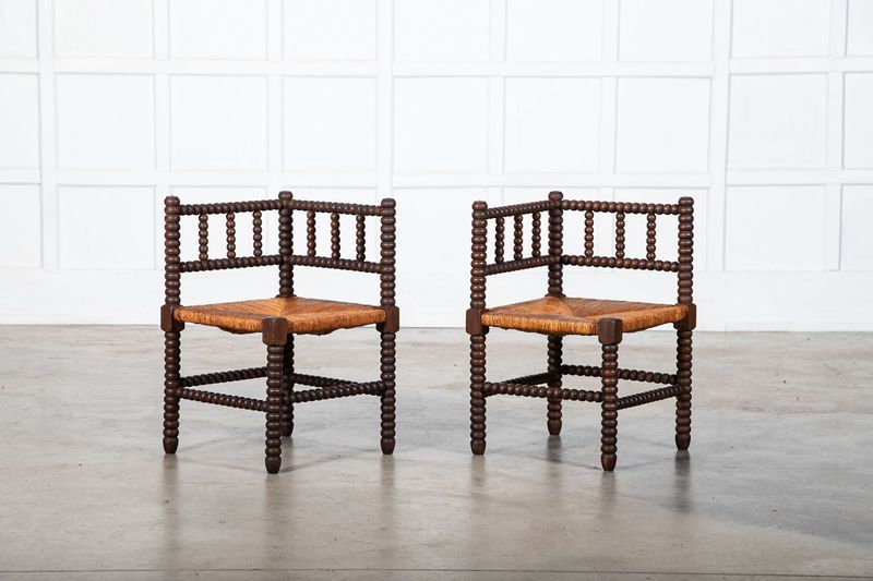 Pair 19thC English Beech Bobbin Corner Chairs Pair 19thC English Beech Bobbin Corner Chairs
