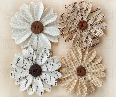 HESSIAN &amp; CANVAS Button Flowers by Italian Options (x 4 flowers)