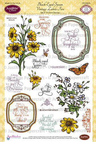 Just Rite Black Eyed Susan Vintage Labels Five Stamp Set FREE DELIVERY