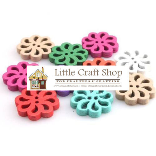 Wooden Coloured 8 Petal Flower Button assorted x 18