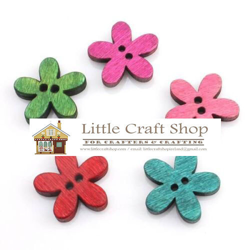 Wooden Coloured 5 Petal Flower Button assorted x 18