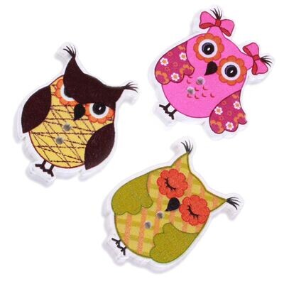 Owl Wooden Buttons assorted designs x 12