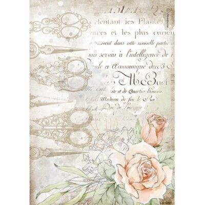 Stamperia A4 Rice Paper Romantic Threads SCISSORS &amp; ROSES
