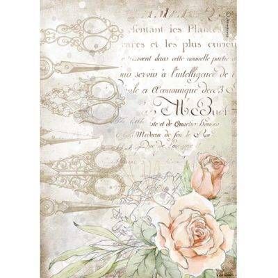 Stamperia A4 Rice Paper Romantic Threads SCISSORS &amp; ROSES