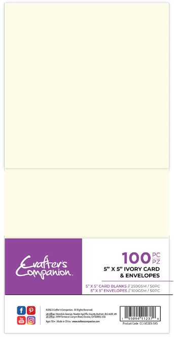 Crafters Companion Card &amp; Envelopes x100 (50 of each) 5" x 5" IVORY
