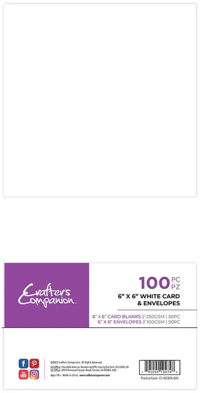 Crafters Companion Card &amp; Envelopes x100 (50 of each) 6" x 6" WHITE