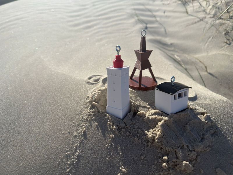 Set aus 3 Christbaumanhängern | 3D-gedruckt: Rubjerg Knude Fyr, Løkken Seezeichen & Badehaus | inkl. Aufhänger
