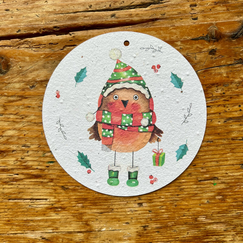 Carte à planter boule de Noël ronde  " Rouge gorge "