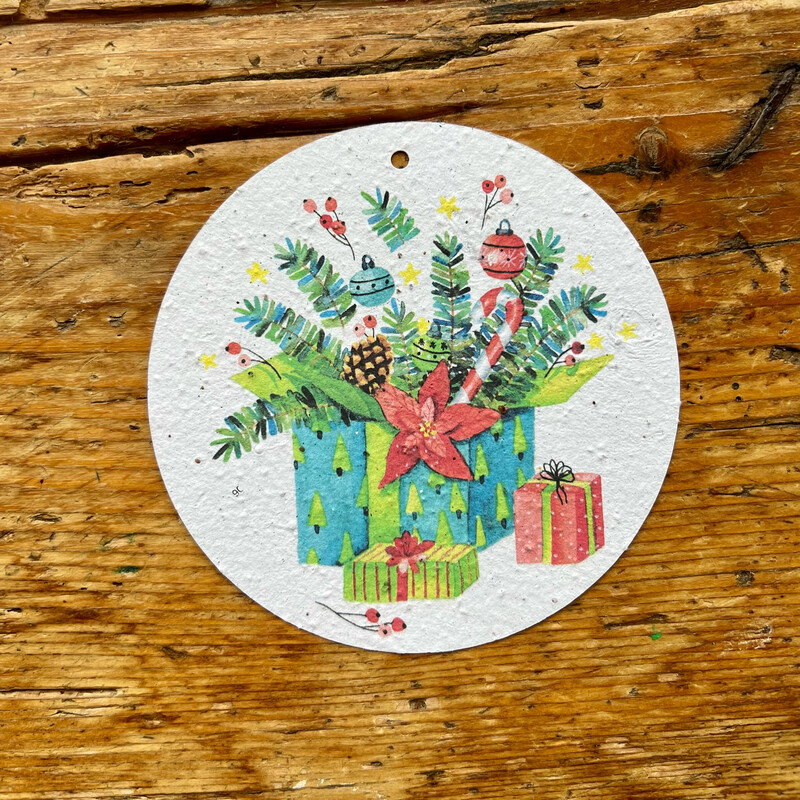 Carte à planter boule de Noël ronde  " Cadeaux "