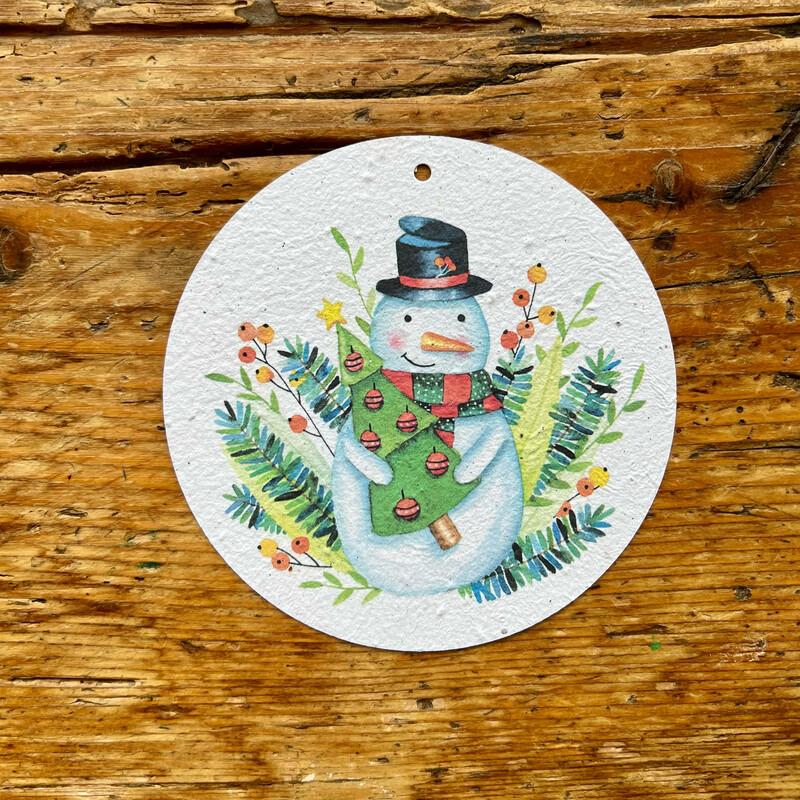 Carte à planter boule de Noël ronde  " Bonhomme de neige  "