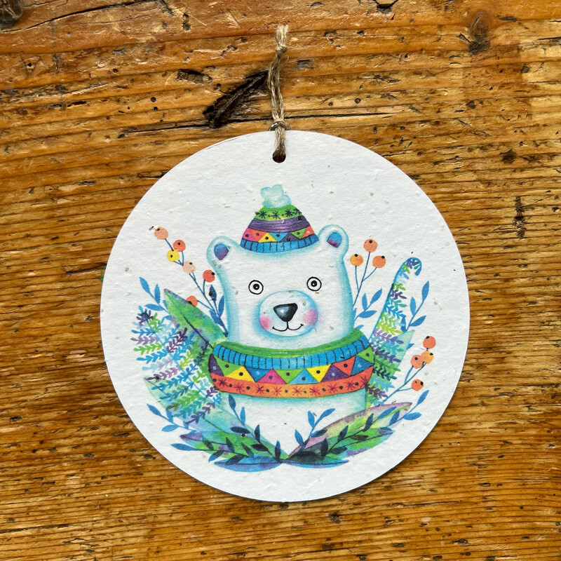 Carte à planter boule de Noël ronde  " Ours  blanc de Noël "