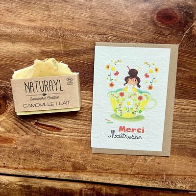 Carte à planter "Merci maîtresse" et son savon lait/ camomille
