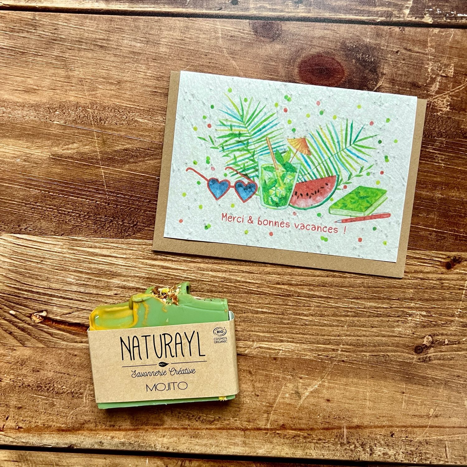Carte à planter "merci et bonnes vacances " et son savon mojito (exclusivité site)