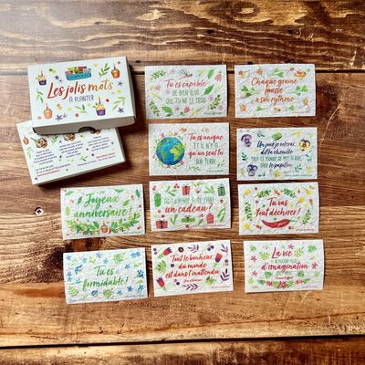 Une boite en papier recyclé et ses 10 mots positifs format cartes de visite avec différentes graines, parfaite à offrir à un jardinier 