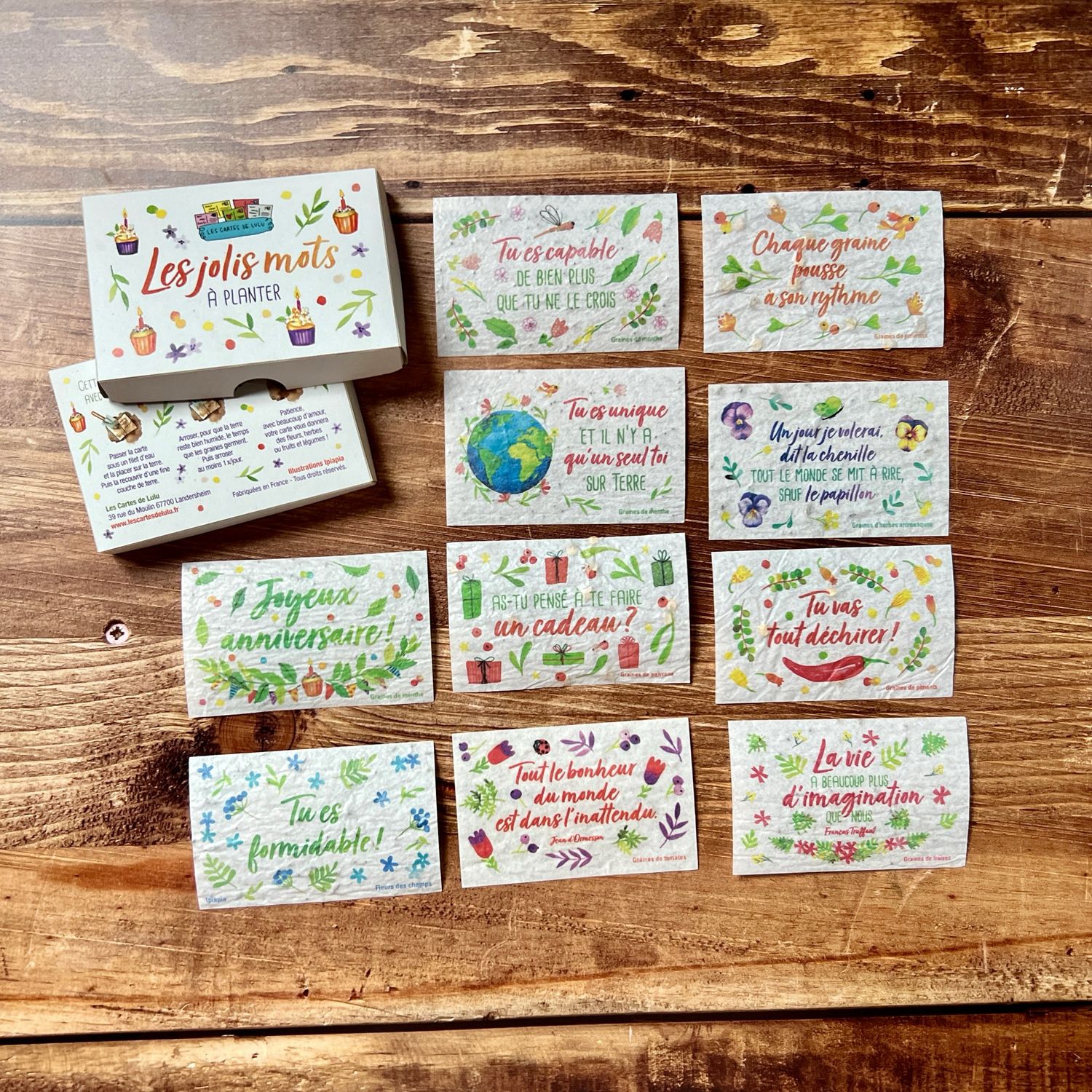 Une boite en papier recyclé et ses 10 mots positifs format cartes de visite avec différentes graines, parfaite à offrir à un jardinier 