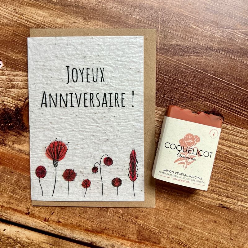 Carte à planter joyeux anniversaire en graines de coquelicot et son savon coquelicot