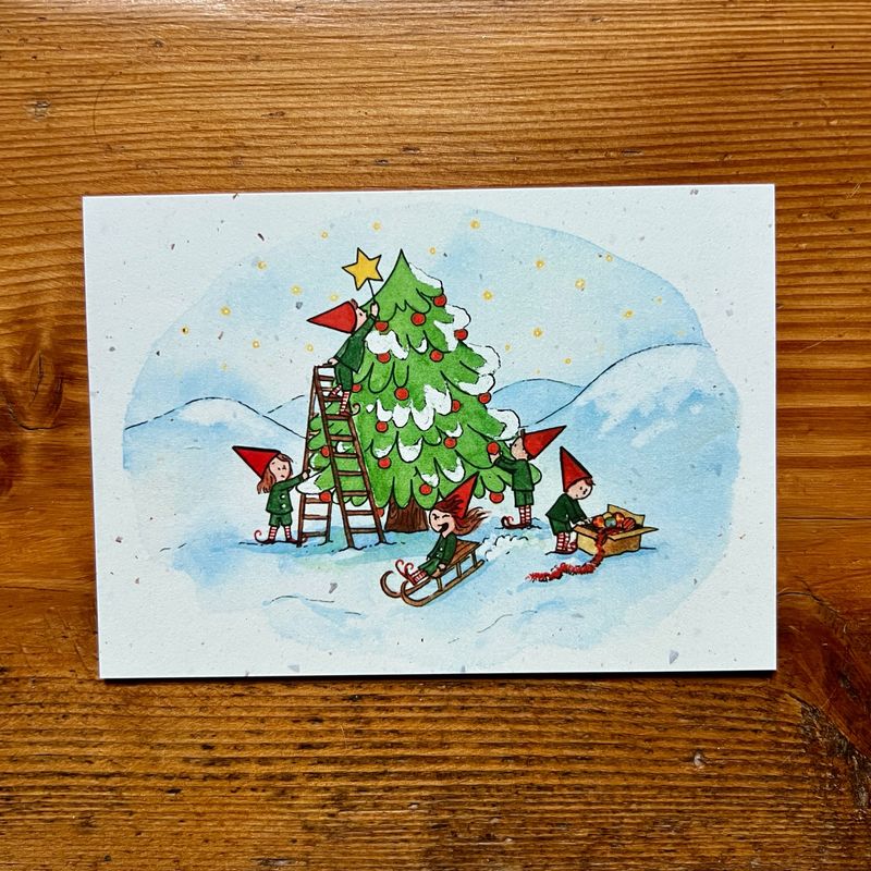 Carte traditionnelle A6 « Les lutins préparent le sapin de Noël »