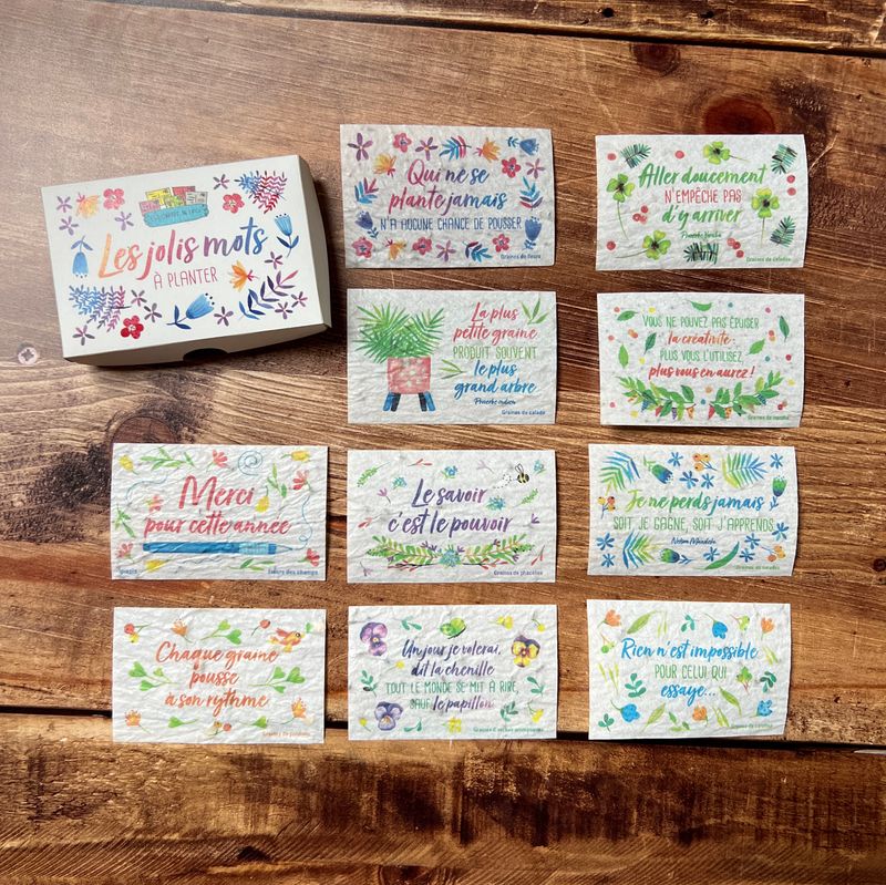 10 jolis mots à planter format cartes de visite ensemencées avec différentes graines et des citations positives illustrées par Ipiapia 