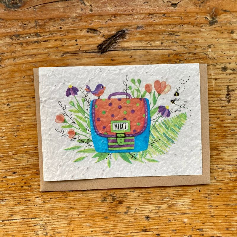 Carte ensemencée illustrée par un carte et merci à planter en graines de fleurs des champs pour remercier la maitresse ou le maitre ou l'atsem de vos enfants en fin d'année scolaire