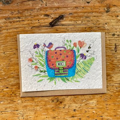 Carte ensemencée illustrée par un carte et merci à planter en graines de fleurs des champs pour remercier la maitresse ou le maitre ou l'atsem de vos enfants en fin d'année scolaire