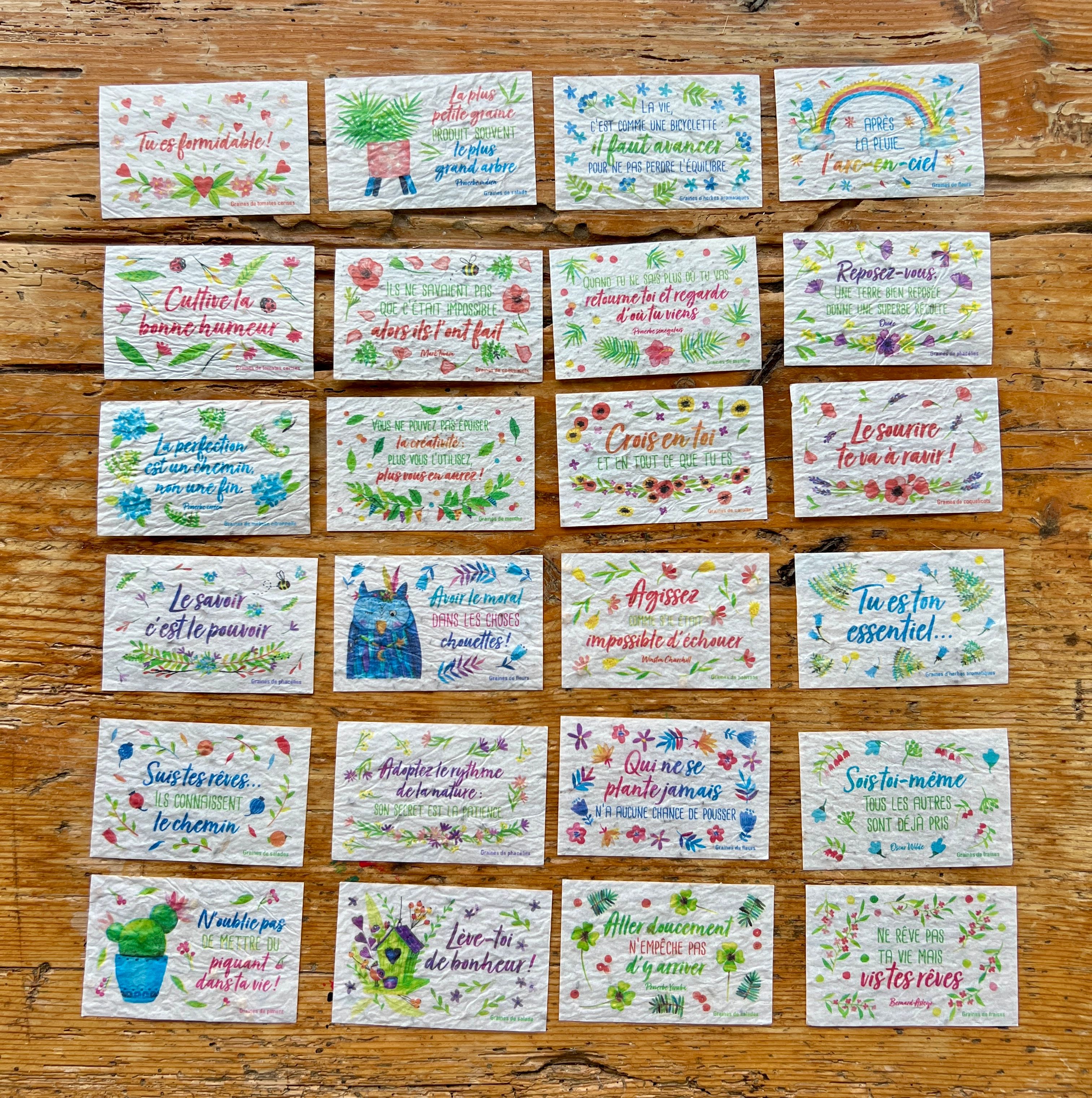 Jolis mots à planter (citations, phrases encourageantes à semer) à choisir à l'unité (1,50 euro pièce)