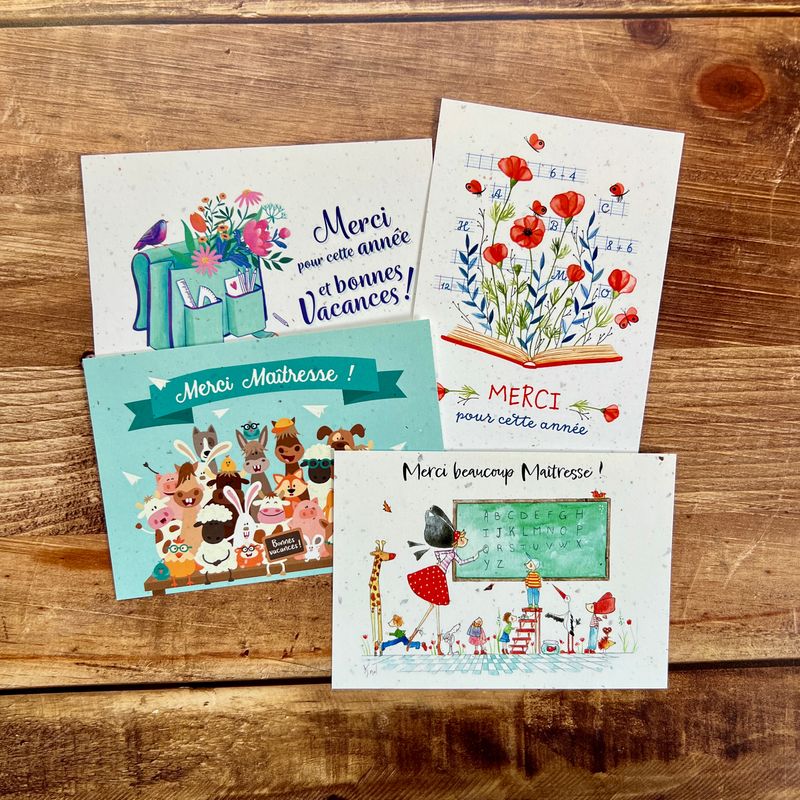 Carte merci maitresse pour remercier fin d'année scolaire A6 traditionnelles