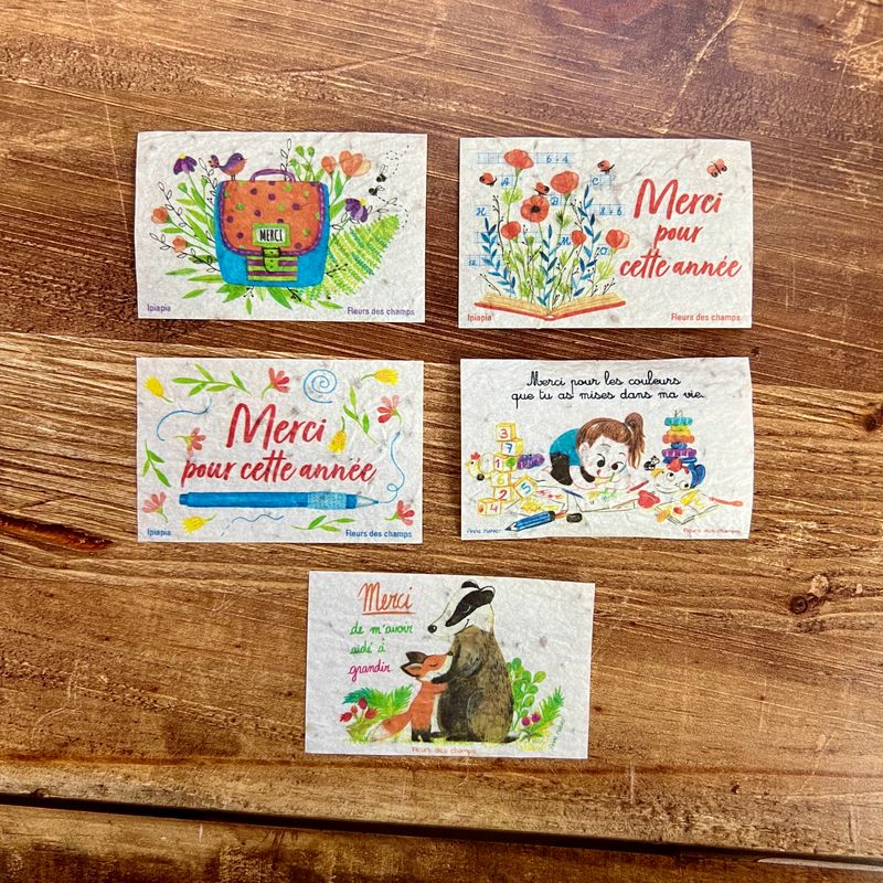 Lot de 10 minis cartes à planter merci crèche nounou maitresse élève..  fleurs des champs (5 modèles aux choix)