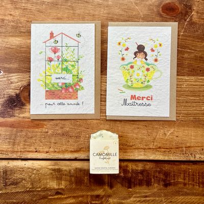 Carte à planter "Merci maîtresse" et son petit savon camomille (exclusivité site)