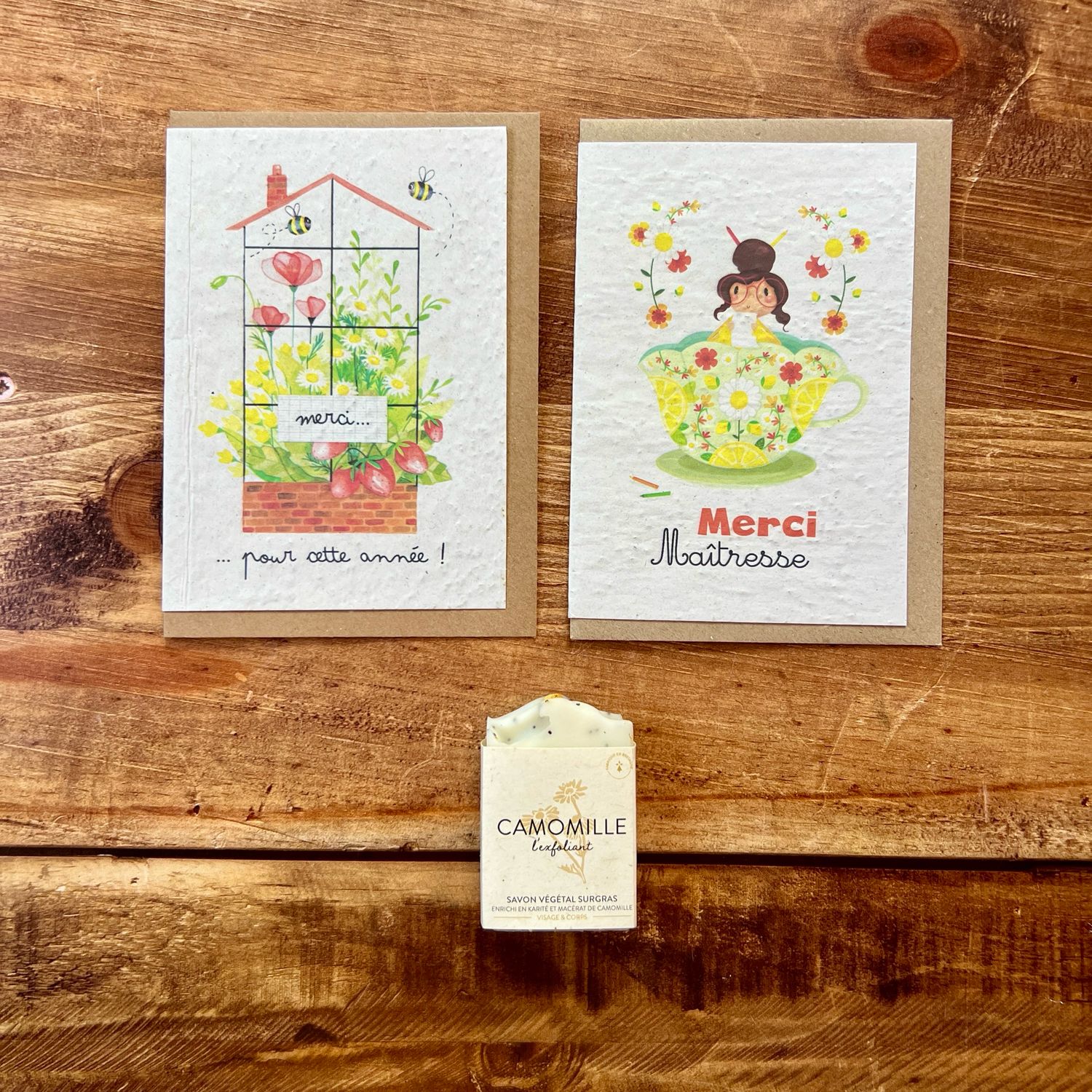 Carte à planter "Merci maîtresse" et son petit savon camomille (exclusivité site)