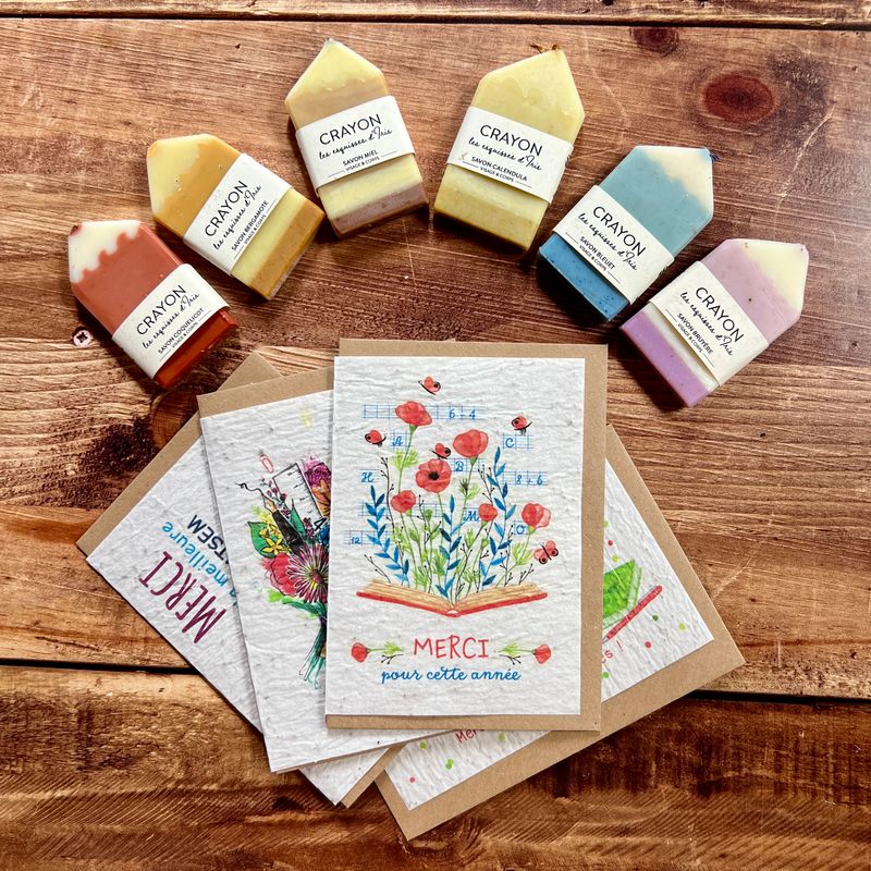 Carte à planter merci maîtresse et son savon crayon aux choix