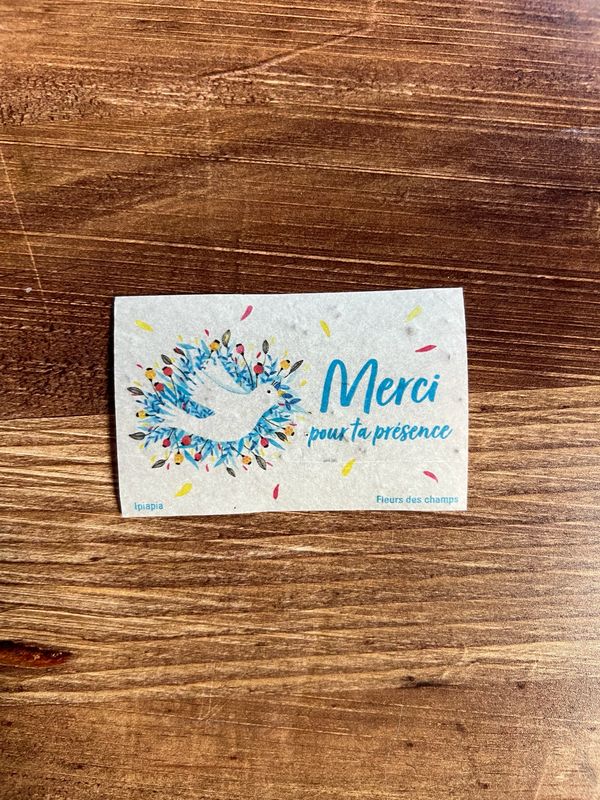 Cadeau invité - mini carte à planter « merci pour ta présence » fleurs des champs (Baptême, communion, mariage)