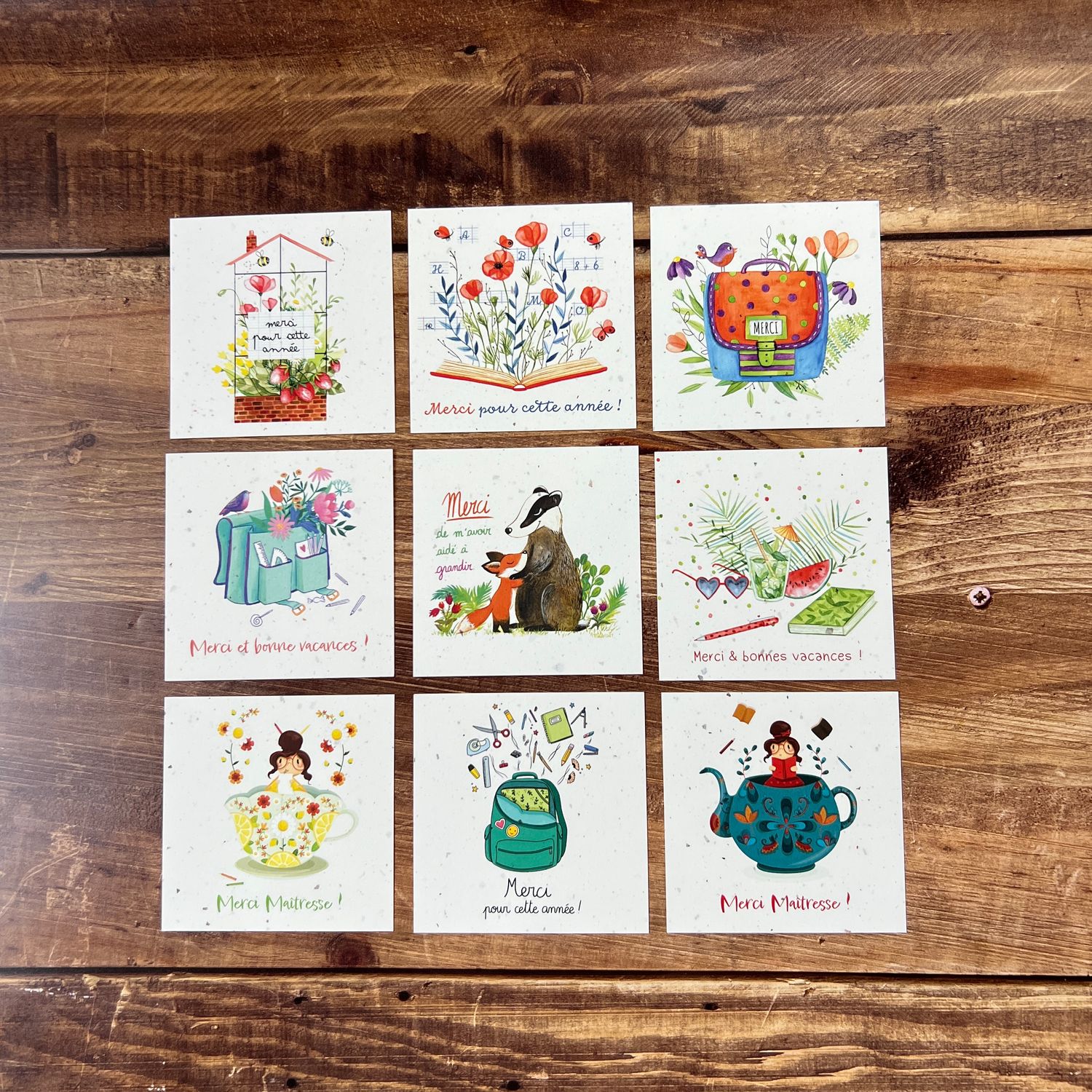Petites cartes remerciement maitresse - maitre - nounou - ATSEM (9 modèles aux choix)