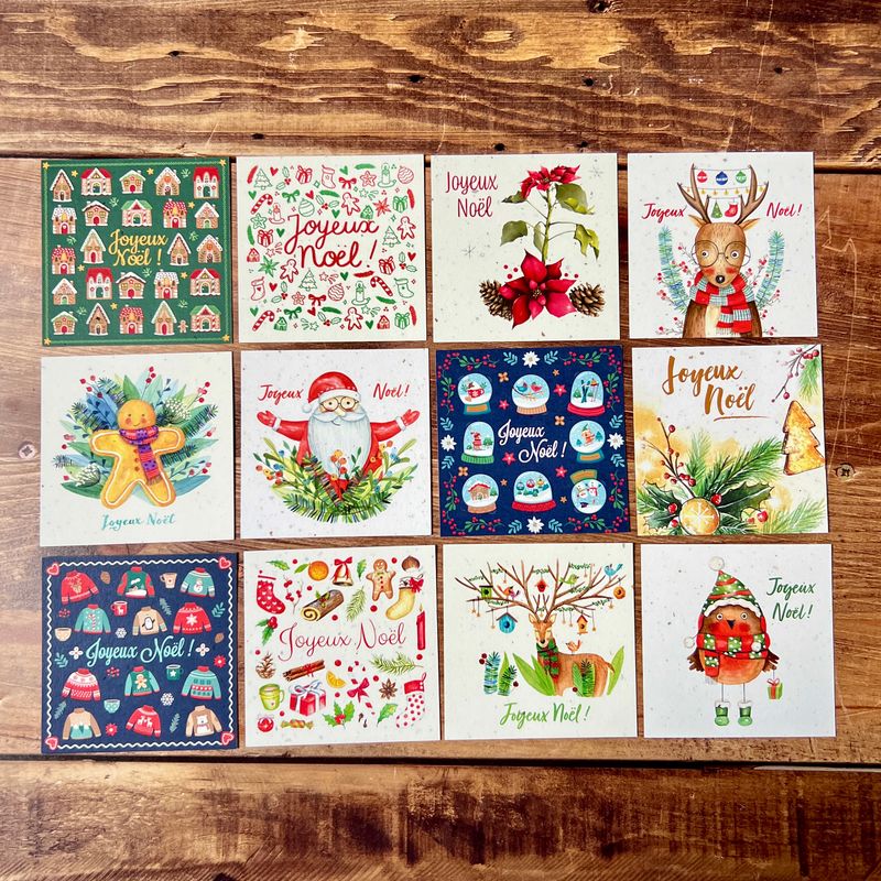 Cartes de Noël écoresponsables 9x9 cm illustrées à l'aquarelle