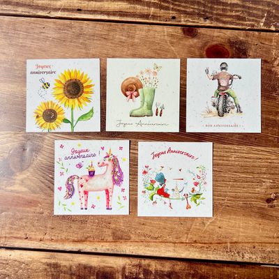Cartes d’anniversaire illustrées – Papier en chutes de bulbes de tulipes 9x9 (5 aux choix)