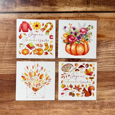Quatre cartes d’anniversaire d’automne à l’aquarelle : nature, animaux et douceur de saison.
