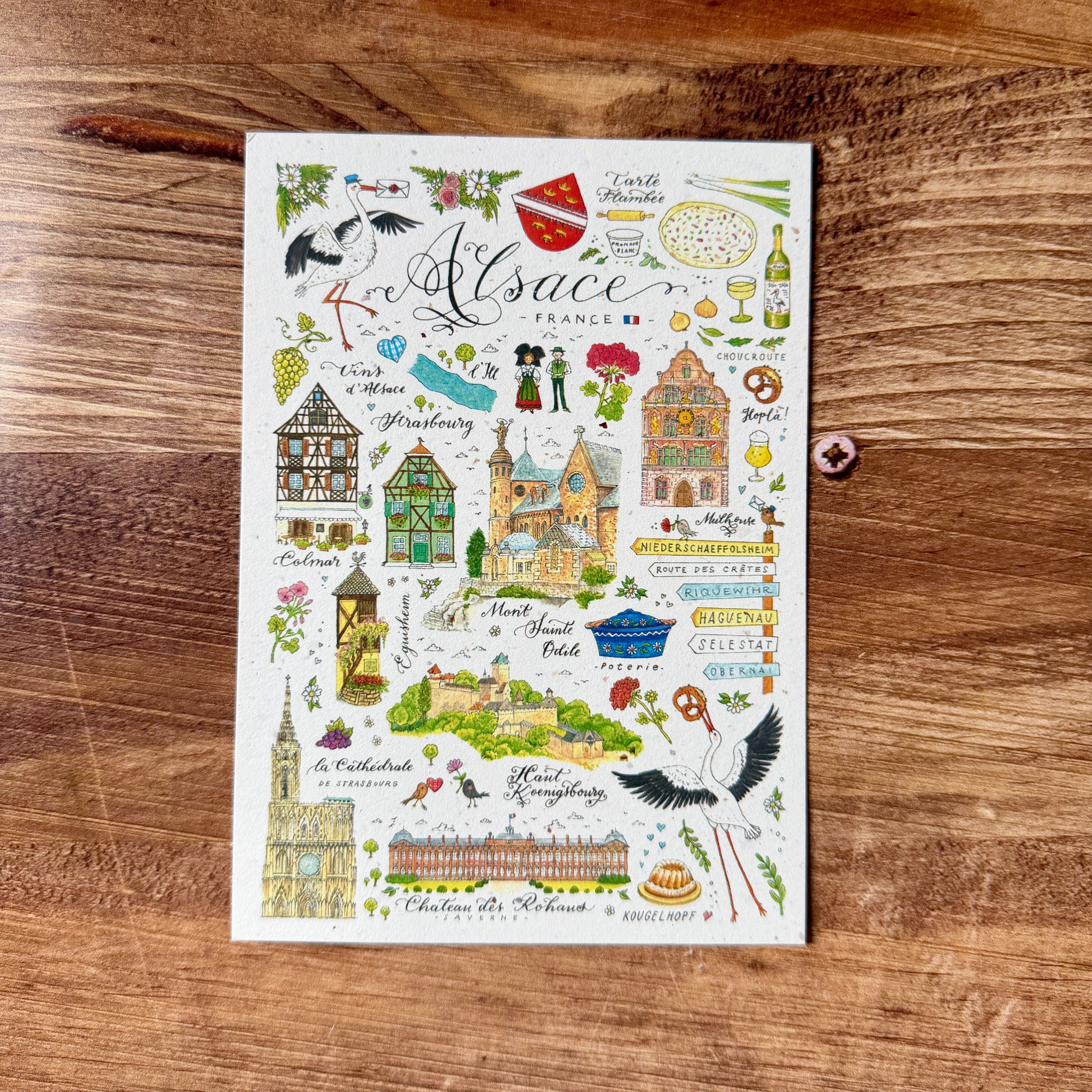 Trois cartes illustrées de l’Alsace par Jiska de Waard, pleines de détails colorés et de charme régional.