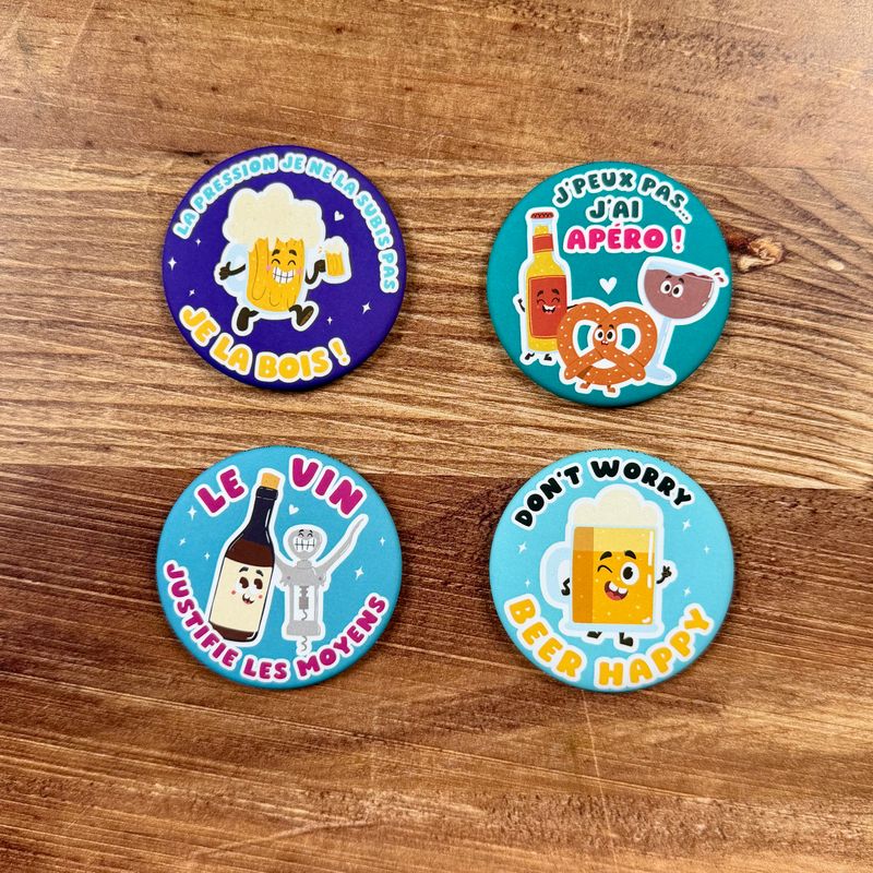 Magnets décapsuleurs illustrés – Collection Apéro (4 modèles aux choix) Les 4 magnets sur le thème de l'apéro