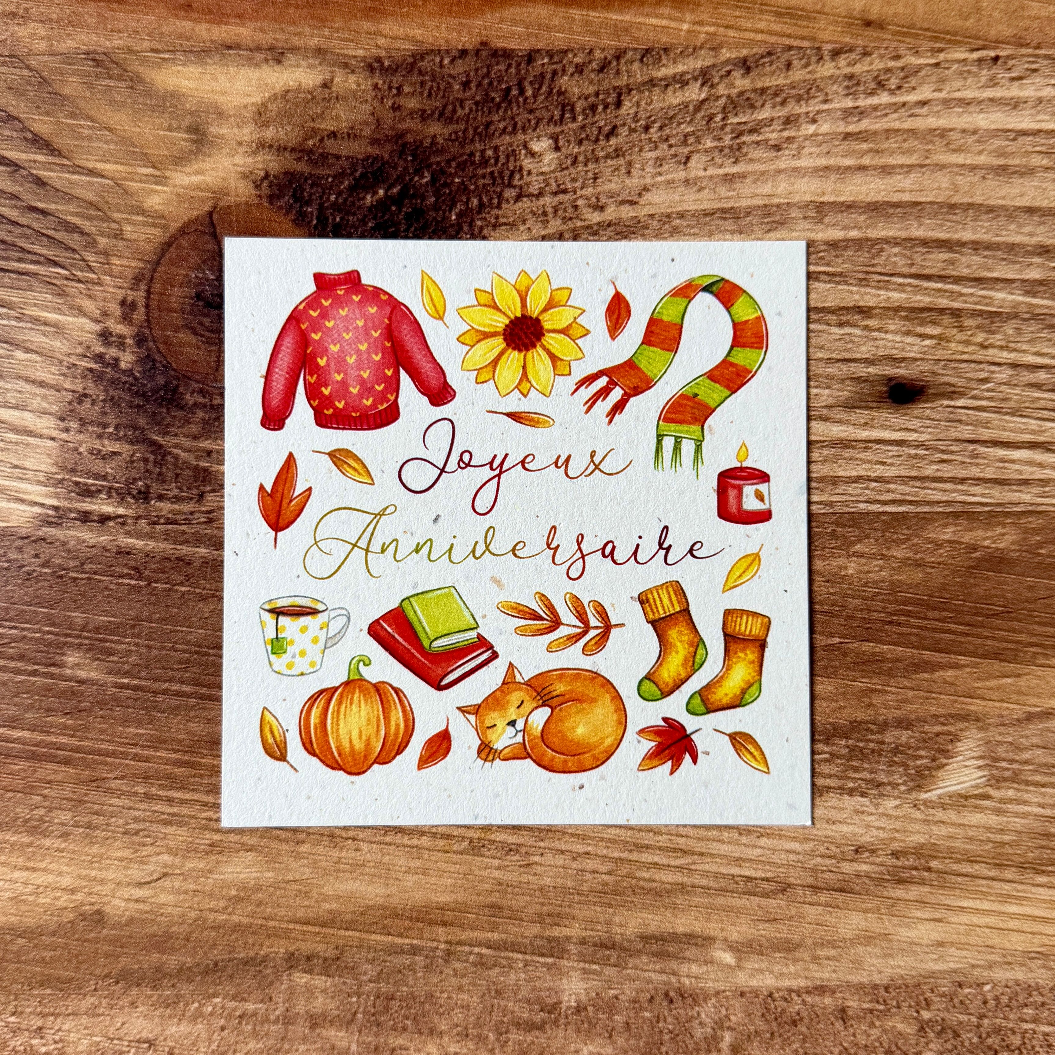 Quatre cartes d’anniversaire d’automne à l’aquarelle : nature, animaux et douceur de saison.