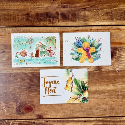 Cartes de Noël illustrées à l’aquarelle en papier chutes de bulbes de tulipes (3 modèles)