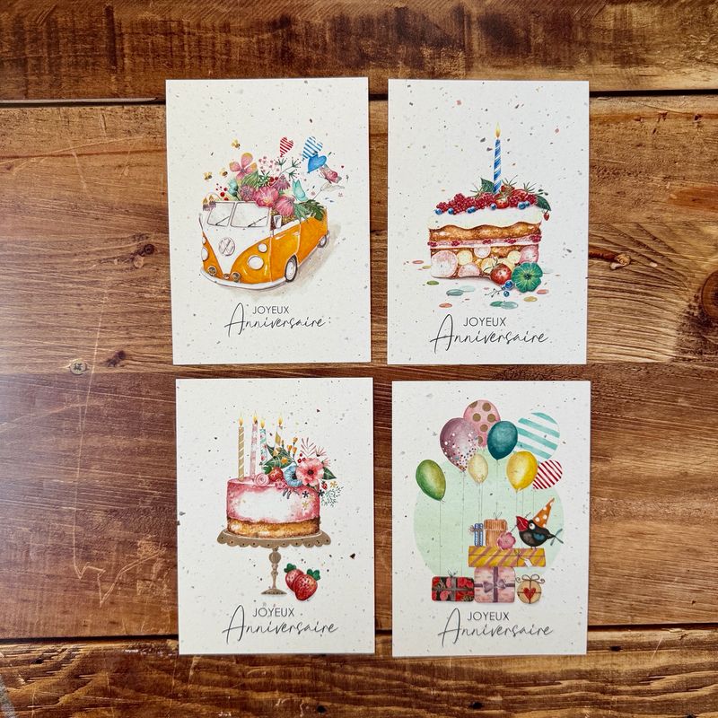 Lot de 4 cartes “Joyeux Anniversaire” – illustrations aquarelle (van, gâteaux, ballons)