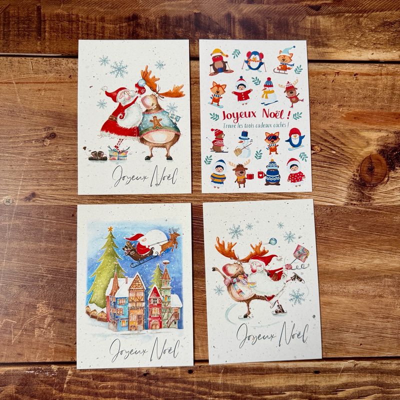Cartes de Noël « Joyeux Noël » illustrées à l’aquarelle en papier chutes de bulbes de tulipes (4 modèles)