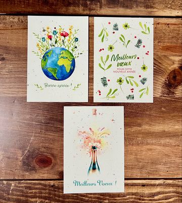 Cartes de vœux 2026 illustrées à l’aquarelle en papier chutes de bulbes de tulipes (3 modèles)