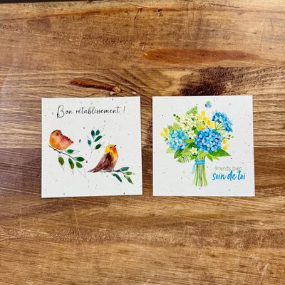Mini cartes “Bon rétablissement” / “Prends bien soin de toi” – papier aux chutes de bulbes de tulipes – 9x9 cm