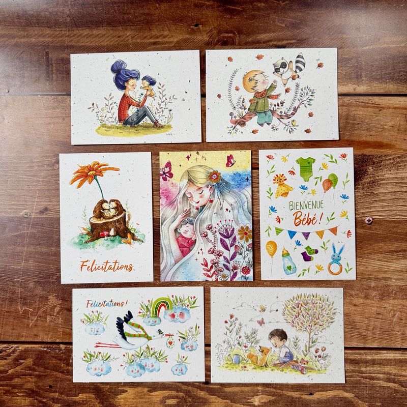 Cartes naissance illustrées en papier recyclé de bulbes de tulipes – Collection bébé