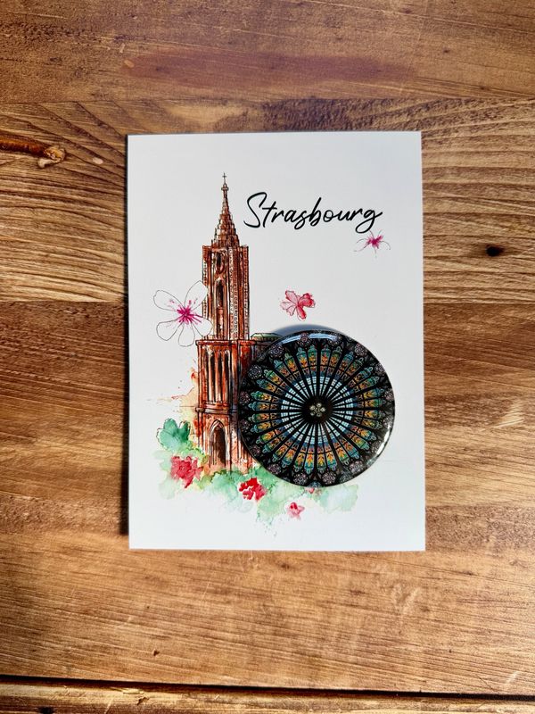 Rosace de la Cathédrale Notre Dame de Strasbourg en magnet, magnet décapsuleur, badge ou miroir et sa carte offerte