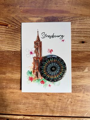 Rosace de la Cathédrale Notre Dame de Strasbourg en magnet, magnet décapsuleur, badge ou miroir et sa carte offerte