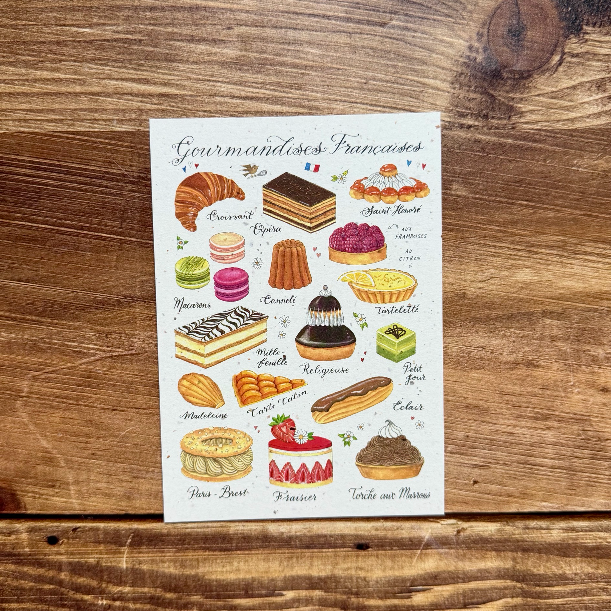 Carte postale « gourmandises françaises/ joyeux anniversaire » avec toutes les pâtisseries typiques