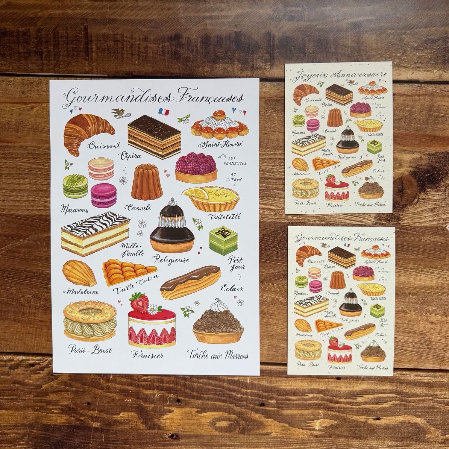 Carte postale « gourmandises françaises/ joyeux anniversaire » avec toutes les pâtisseries typiques Carte postale « gourmandises françaises/ joyeux anniversaire » avec toutes les pâtisseries typiques