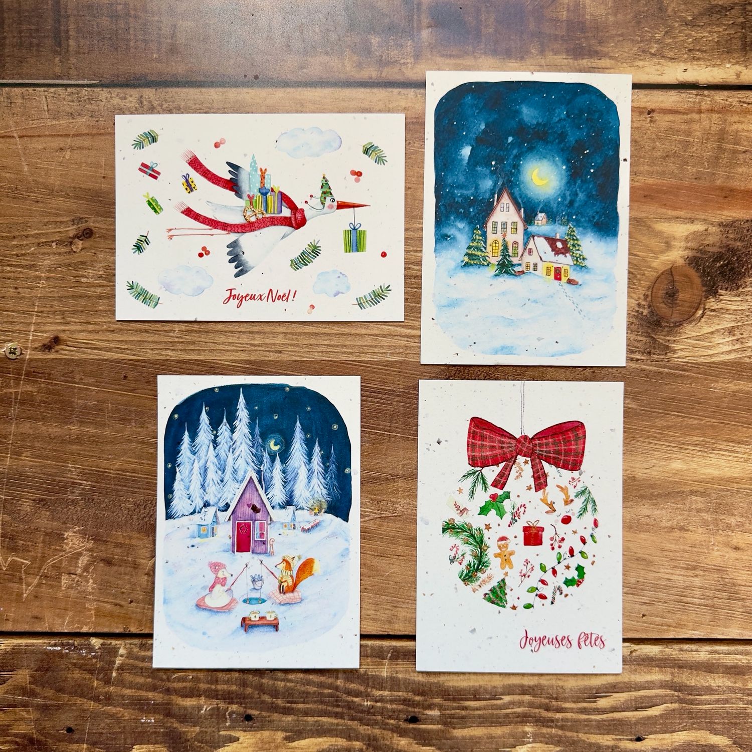 Cartes de Noël illustrées papier chutes de bulbes de tulipes - 4 modèles