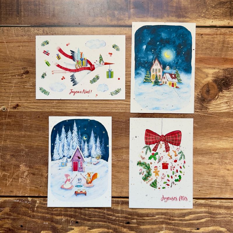 Cartes de Noël illustrées papier chutes de bulbes de tulipes - 4 modèles